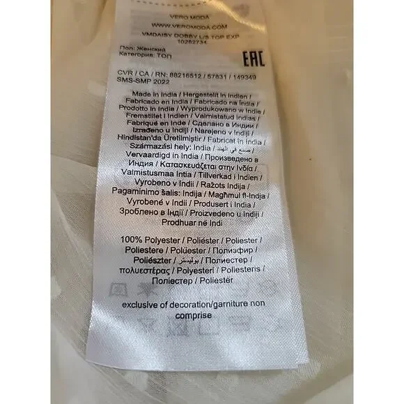 Vero Moda Ivory Swiss Dot LS Fairy Ruffled Smocked Sheer Blouse Women's Large - Picture 12 of 12